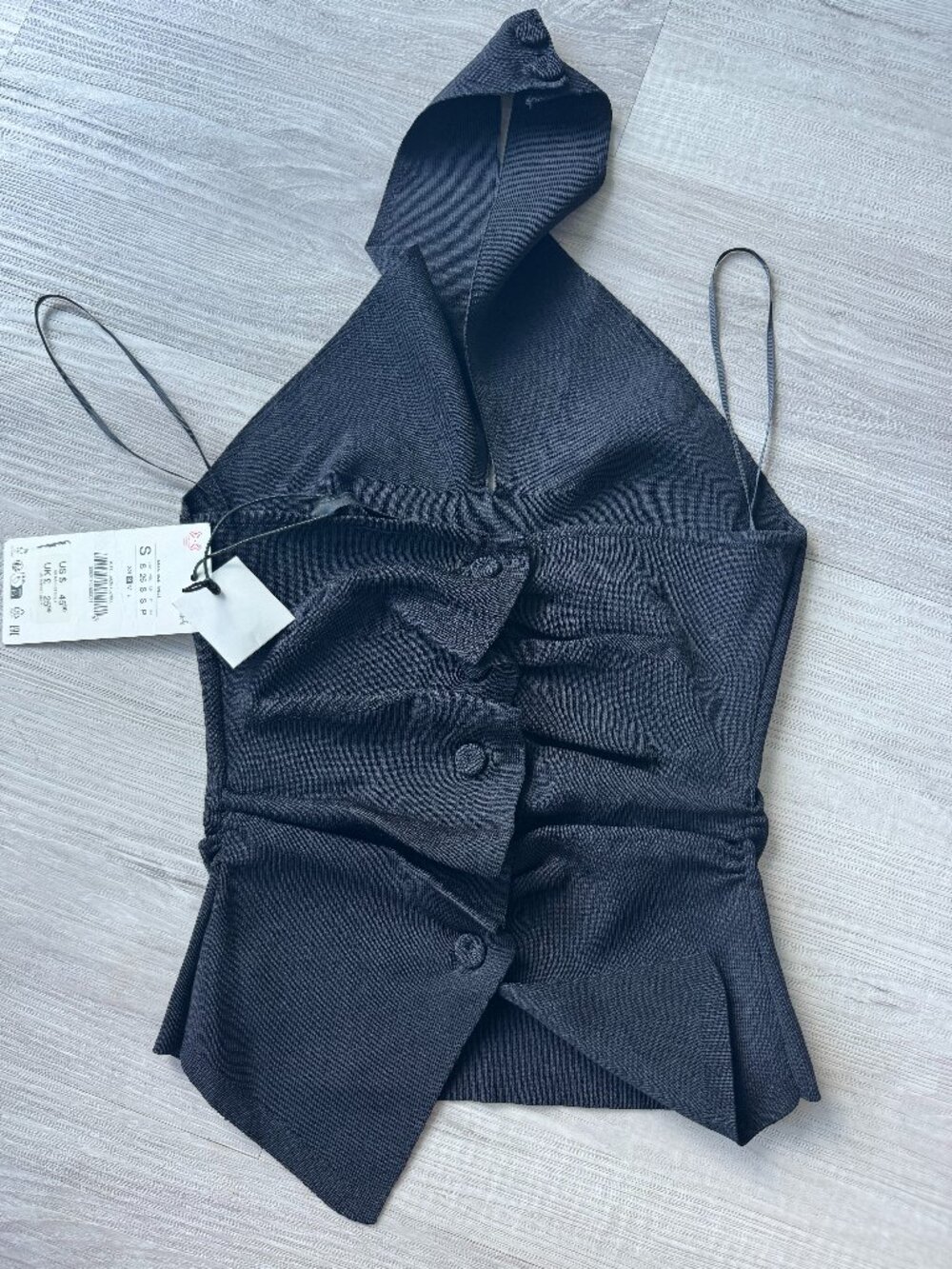Zara Ruched Knit Halter Top V Neck Open Back Covered Buttons Black S NWT - Picture 11 of 14